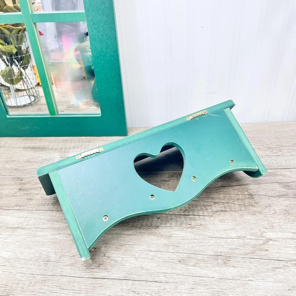 Green Wooden Heart Shelf and Mirror Set - Vintage Cottagecore Decor